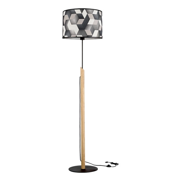 Lampa podłogowa Espacio 1xE27 Max.60W Dąb olejowany/Czarny metal/Czarny kabel z tkaniny/Tapeta wielobarwna 762489104