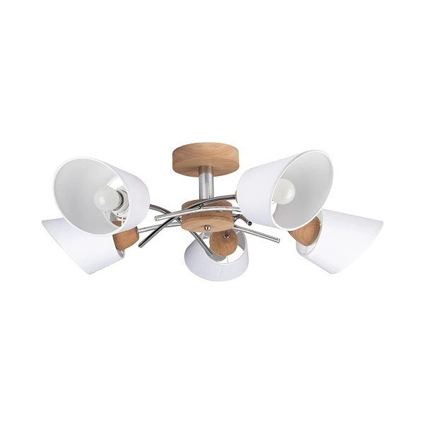 Mette Wood Ceiling Lamp 5xE27 Max.40W Oiled Oak/Chrome Metal/White Fabric Shade 8341574